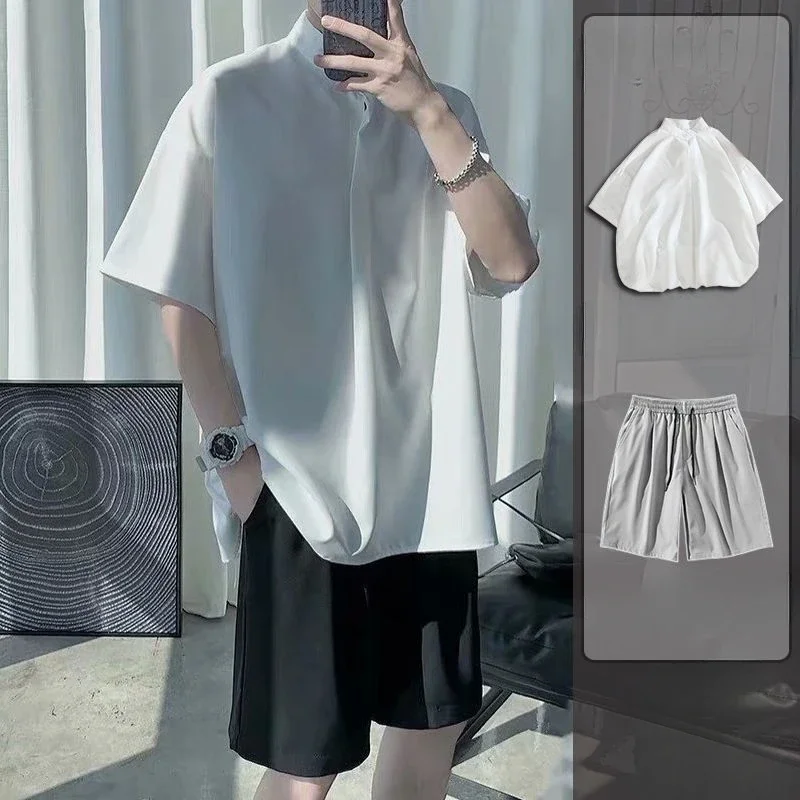 thumbnail image 1 of Conjuntos de camisetas y pantalones cortos para hombre, de nailon, lisos, sin logotipo, de corte regular, informales, holgados, novedad en camisetas y tops, moda para hombre 2024, 1 of 5