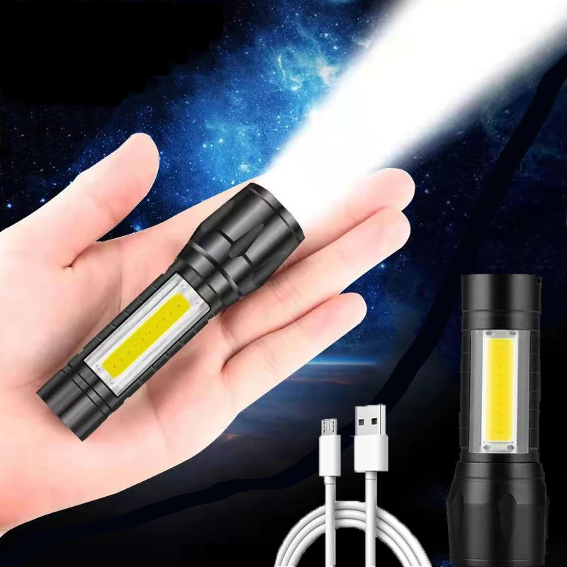 led flashlight aluminum mini portable home camping waterproof flashlight Portable LED Flashlight COB Light Rechargeable Flashlight Battery Zoom Flashlight 4 Modes Waterproof Outdoor Emergency Torch