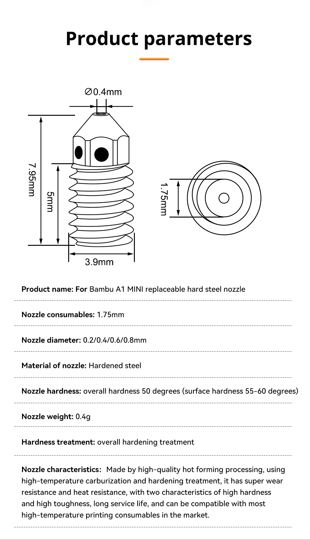4 Stück Messingdüse aus gehärtetem Stahl für Bambu Lab A1/A1 Mini, 0,2 0,4 0,6 0,8 mm 3D-Druckerdüse für Bambulab A1 Mini – Detail 2
