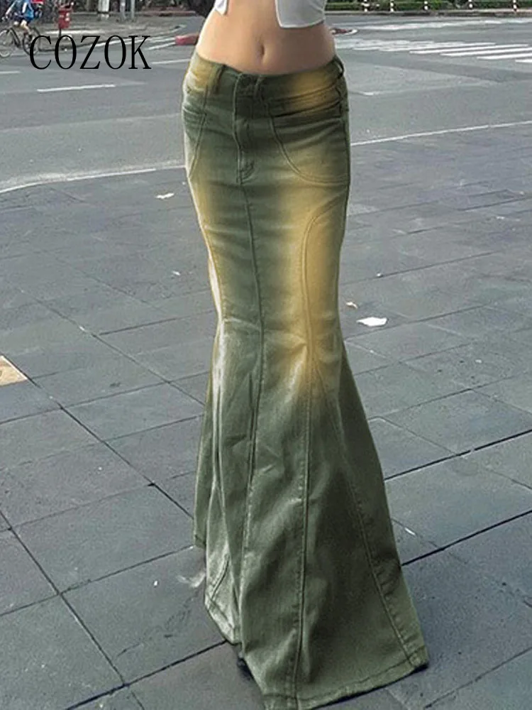 

Cozok Vintage Wash Maxi Denim Skirt Women Commuter Casual Low Waist Mermaid Long Skirt Y2k Aesthetic Grunge Chic Streetwear 2023