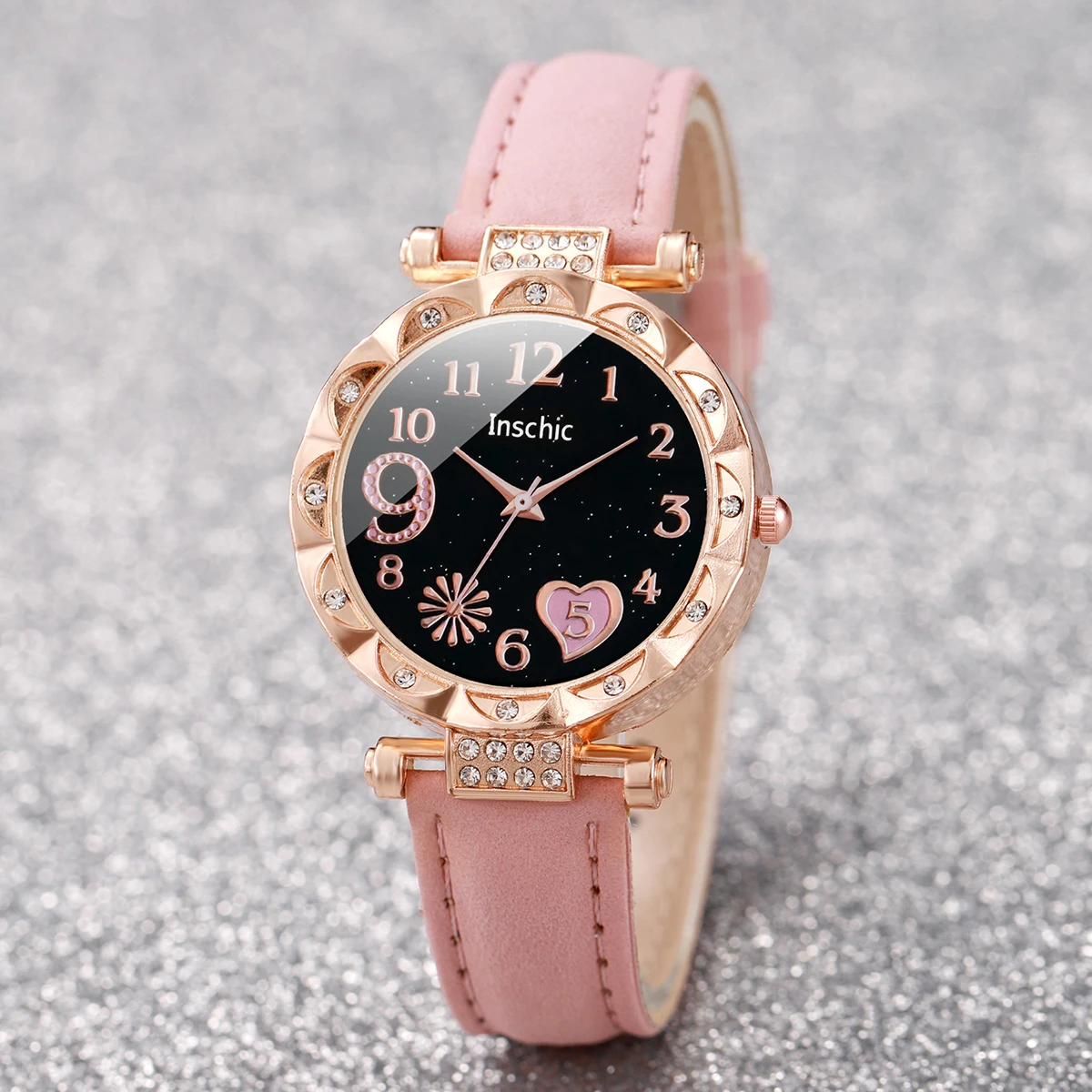 6PCS/Set Fashion Heart Dial Women's Watch Casual Leather