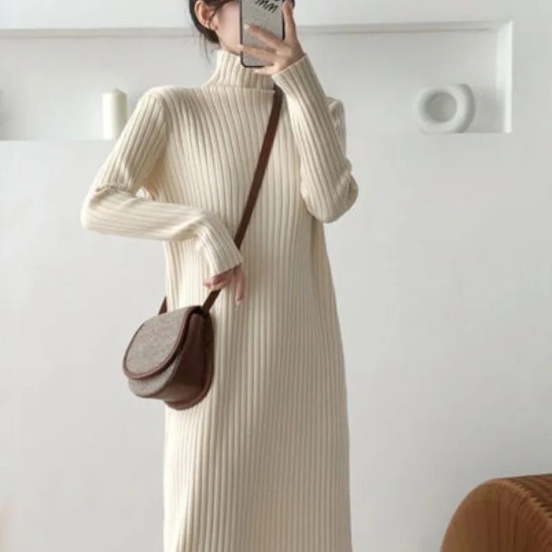 

Autumn and Winter Women's Pullover Solid Screw Thread Mid Length Woolen Dress Knitted Bottom Fashion Casual Long Sleeve Dress