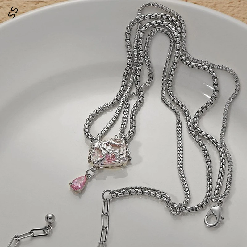 Sweet Pink Square Double Necklace Women's Pendant Temperament School Style Clavicle Chain Advanced Sense Lady Garment Accessory