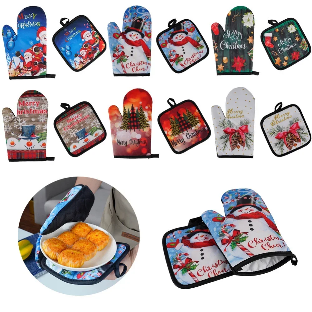 Kitchen Anti-Hot Gloves Christmas Microwave Glove Potholder Gloves Mitts for BBQ Insulation Hot Oven Mitts Baking