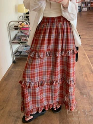 Qiukichonson Midi Long Skirts Womens Maxi Skirt Goth Lolita Spring Summer High Waist High Low Ruched Ruffle Red Plaid Skirt rok