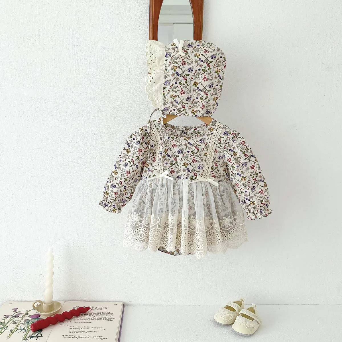 Newborn Girl Romper  Lace Cut Out Floral Dress   Long Sleeved+ Hat Baby Girl Bodysuit Baby Clothes 0-24 Months 6