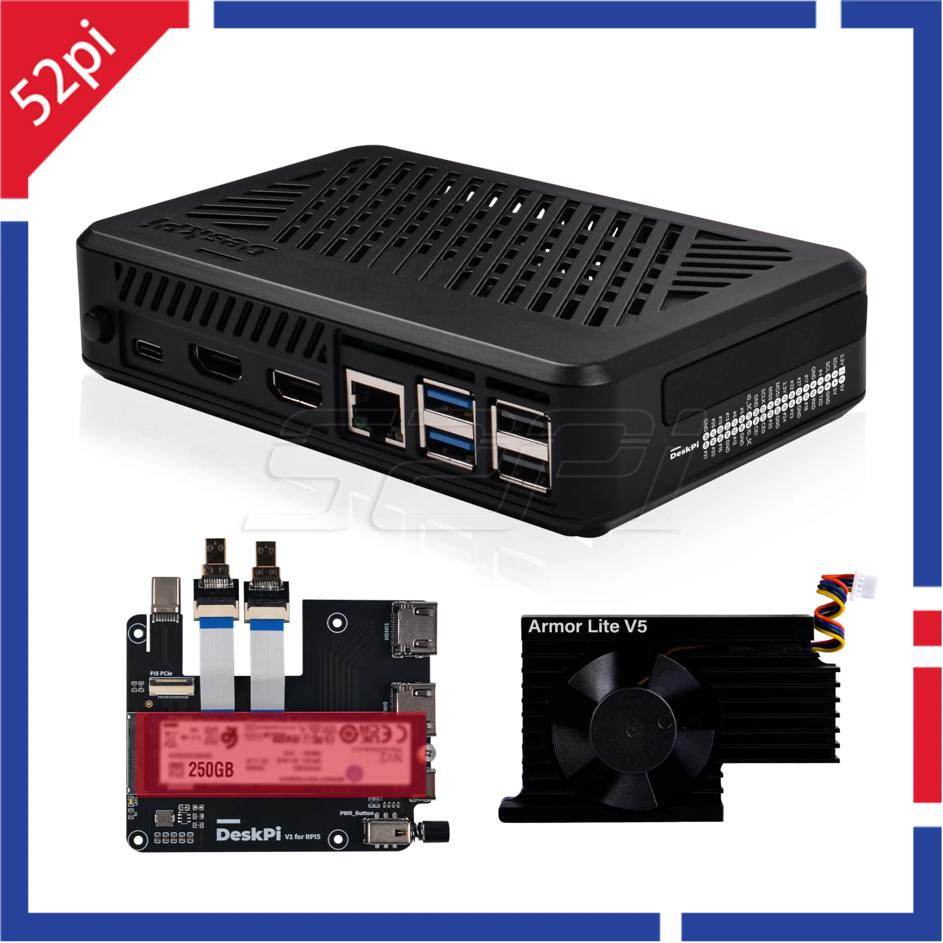 DeskPi Lite Pi5 Case ABS Enclosure Armor Lite V5 Support M.2 NVMe SSD for Raspberry Pi 5 raspberry pi case
