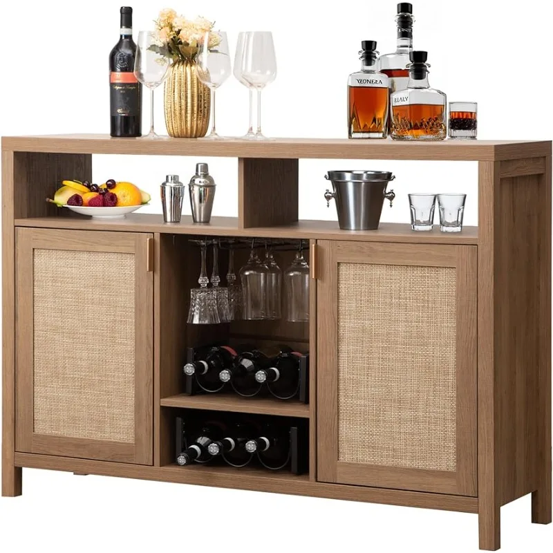 

51" Rattan Sideboard Buffet Cabinet with Storage, Boho Farmhouse Liquor Cabinet with Wine Racks Credenza Console Table