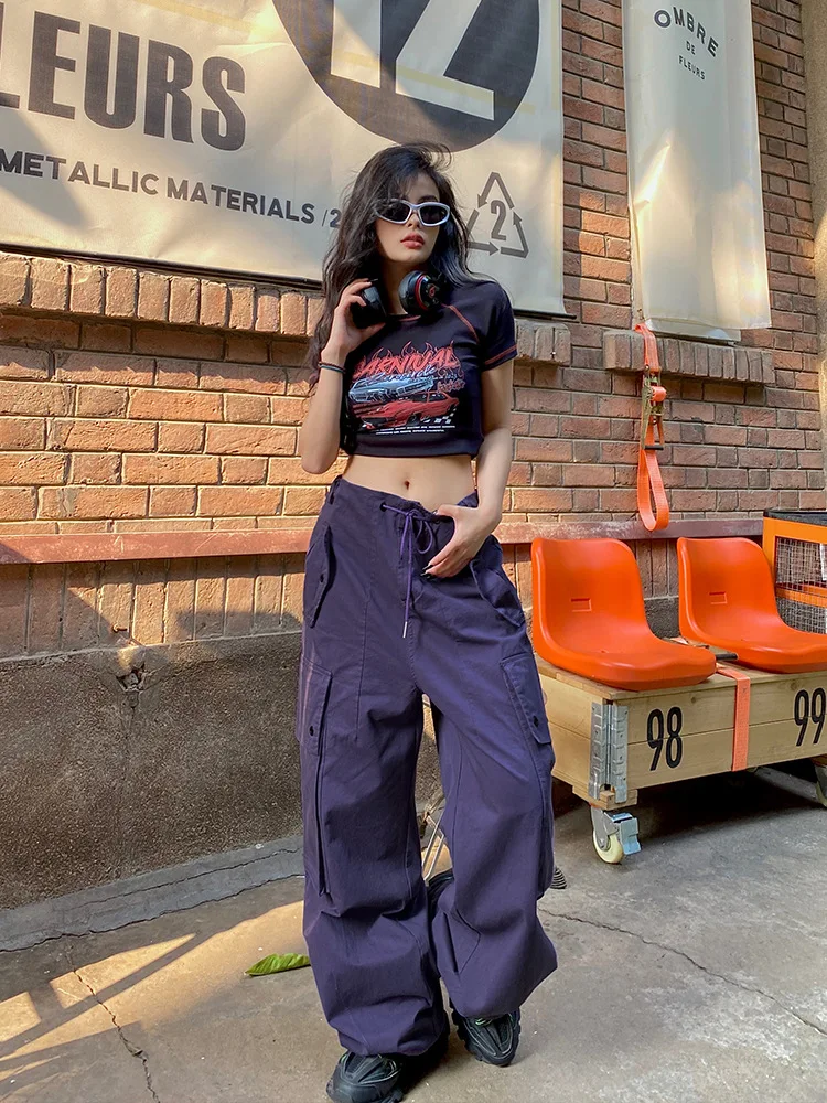 Purple Overalls Women's Summer Baggy Big Pocket Straight Leg