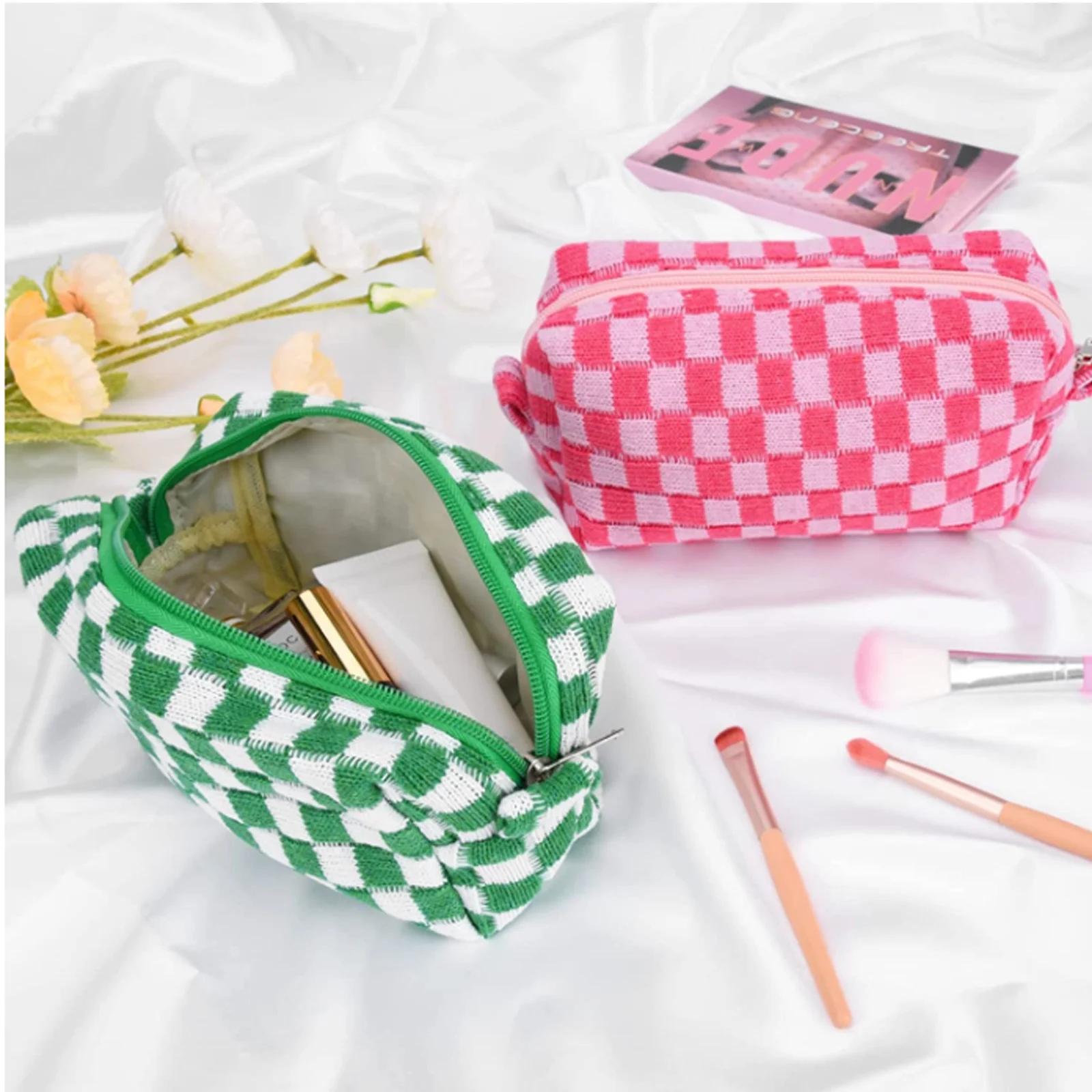  Cosmetic Travel Bag Checkered Makeup Bags For Women