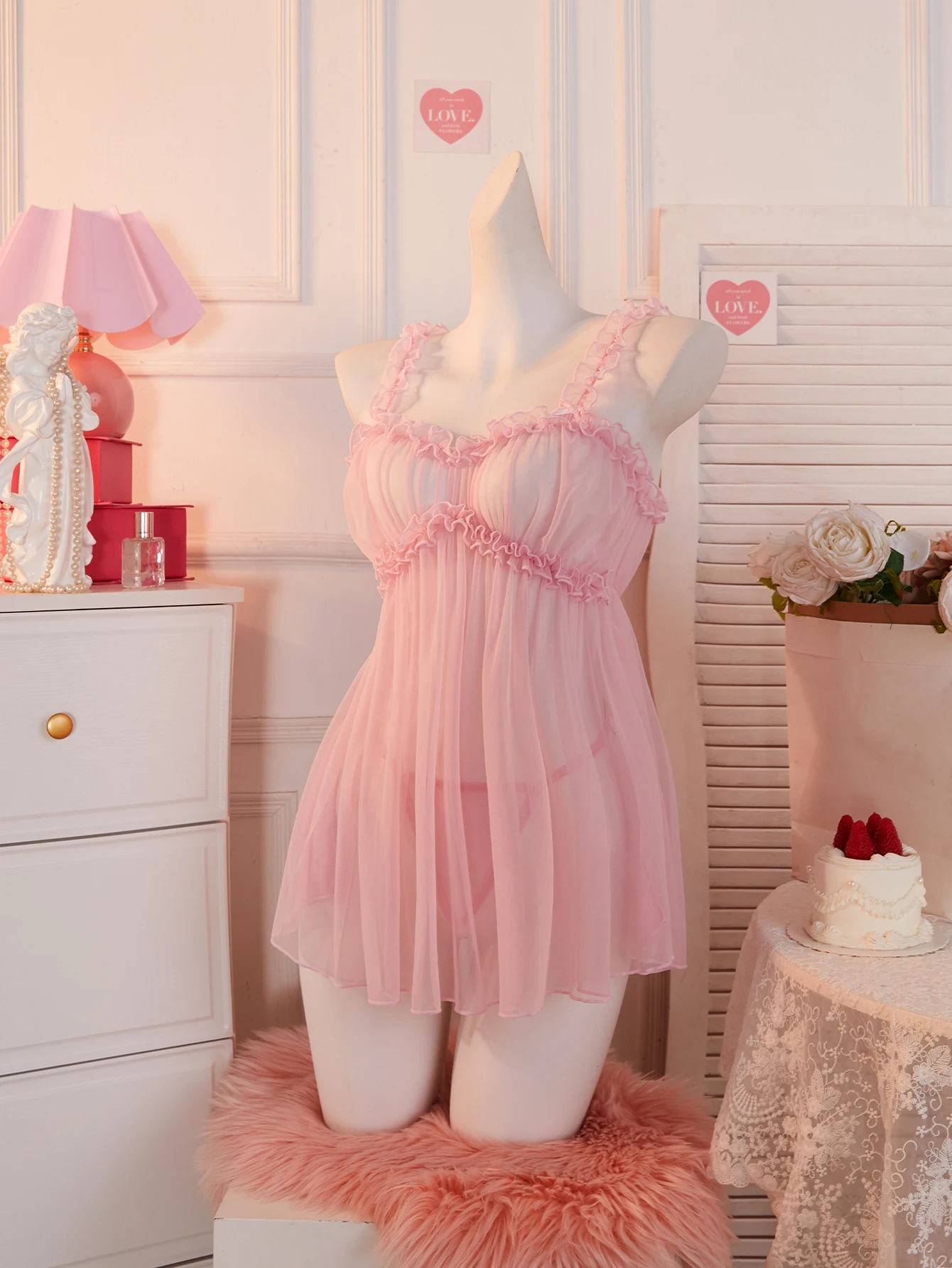 Seductive Pink Sheer Mini Dress Thong Set Women's Transparent Lace Nightgown Sexy Fairy Gentle Lingerie Underwear Females Pyjama