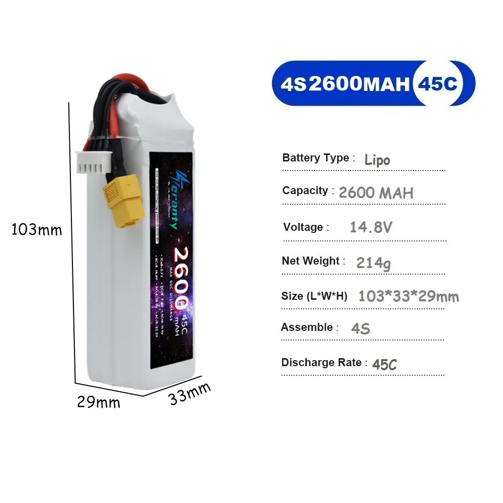 Batterie Lipo 4S 14.8V pour drone, vue de côté montrant l'épaisseur