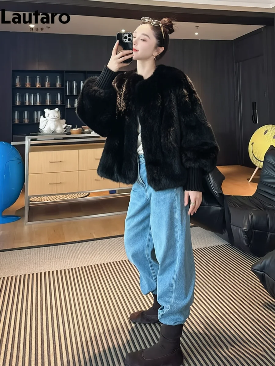 Lautaro Autumn Winter Brown Thick Warm Soft Faux Mink Fur Coat Women Lantern Sleeves Elegant Luxury Chic Fluffy Jacket 2026