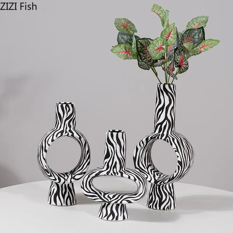 Zebra Stripes Ceramic Vase Desk Decoration Flowers Arrangement Artificial Flower Decorative Floral Vases Room Aesthetic Decor 5