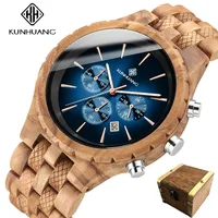 KUNHUANG Handmade Wooden Watch Multifunction Dial Mens Quartz Watch Luxury Luminous Chronograph Custom Logo relógio masculino 1