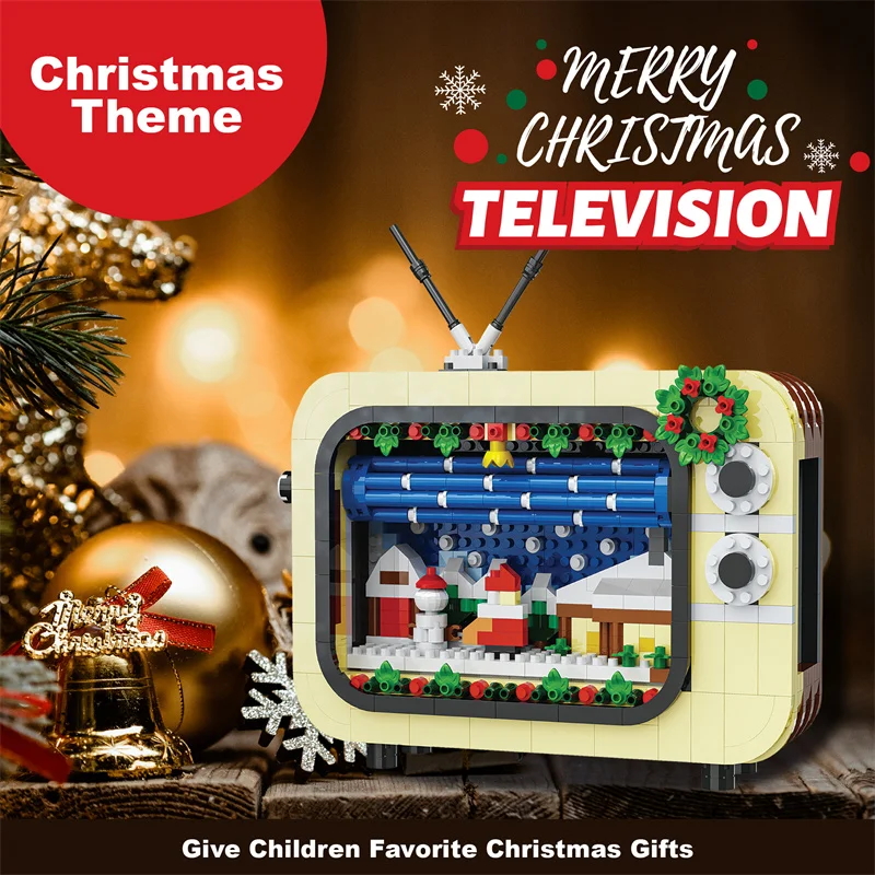 Christmas Gifts Tree TV Santa Claus Model Building Blocks Snow Man Sled Assembly Decoration Bricks Toys For Kids Holiday Gift