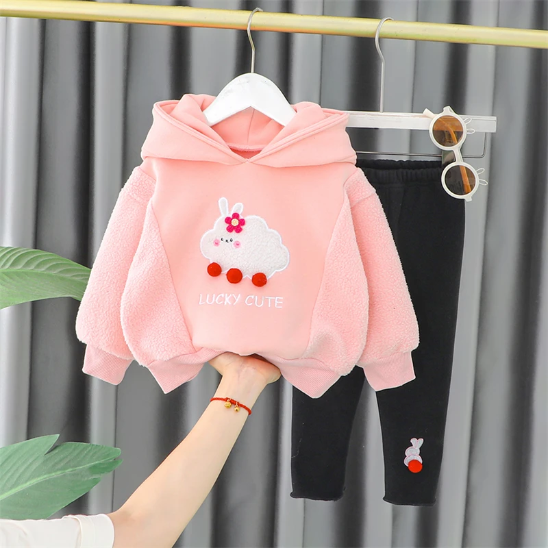 

2022 Winter Infant Clothes Outfits Baby Girls Warm Plush Hooded Sweater Pants Kids Cartoon Clothing Sets Children Sportswear