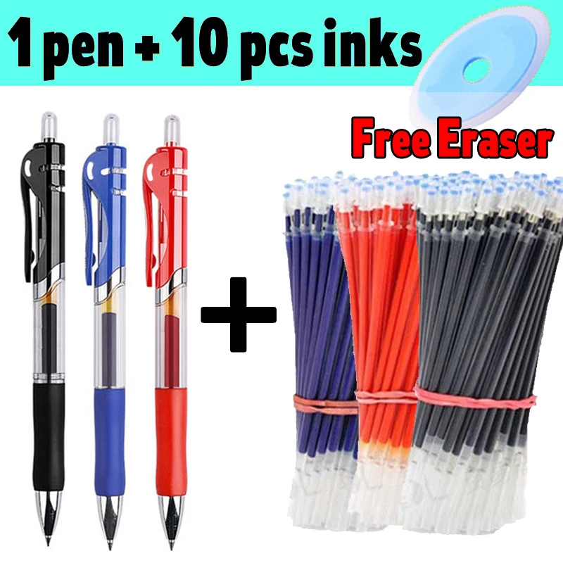 

11pcs Retractable Gel Pens Set Black red blue Ink Colored Gel Pen 0.5mm Replaceable Refills school Supplies Stationery & Office