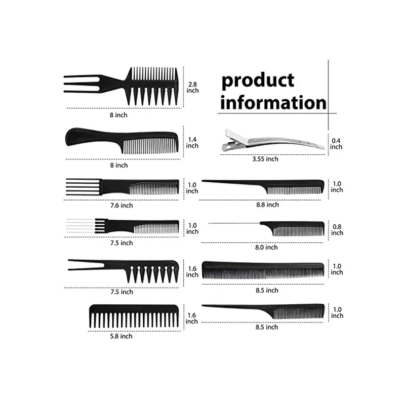 New 10pcs/lot Black Makeup Comb Set Styling Hairdressing Comb in 10 Designs Barber Training Tail Combs Salon HairCut Comb 3