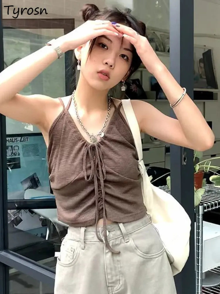 

Camisole Women Sexy American Style Fashion Design Streetwear Casual All-match Solid Simple Folds Summer Ladies Tops Tender New