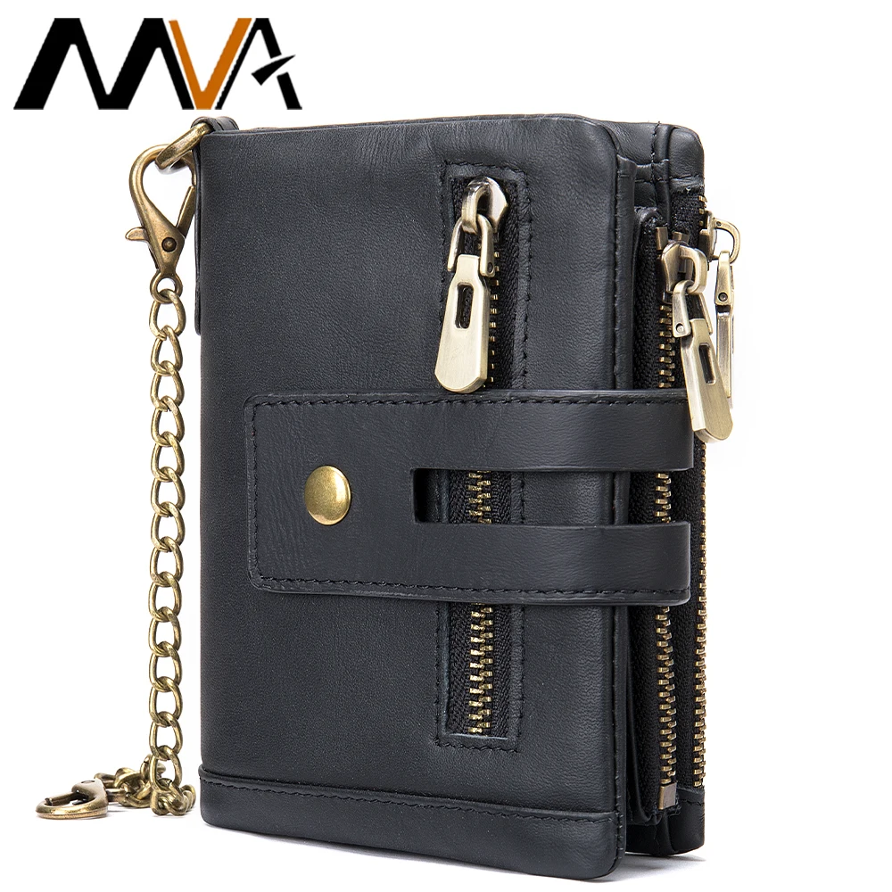 MVA Mens Wallet with Chain Genuine Leather Purse RFID Blocking