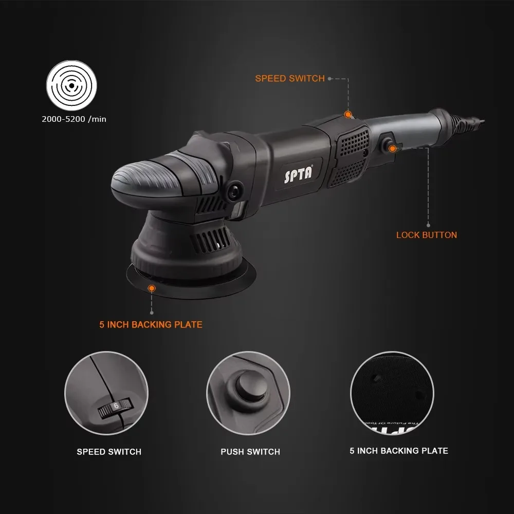SPTA 5inch 780W Dual Action Polisher Orbit 15mm Auto Polisher DA Car Home DIY with Waxing Polishing Pads Set