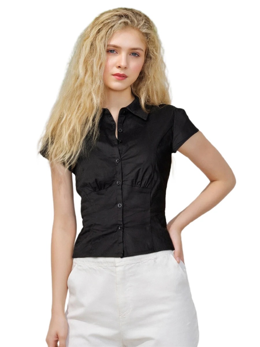 Casual Solid Color Button Down Shirt with Short Sleeves for Women Stylish Crop Top Blouse for Streetwear Fashionistas