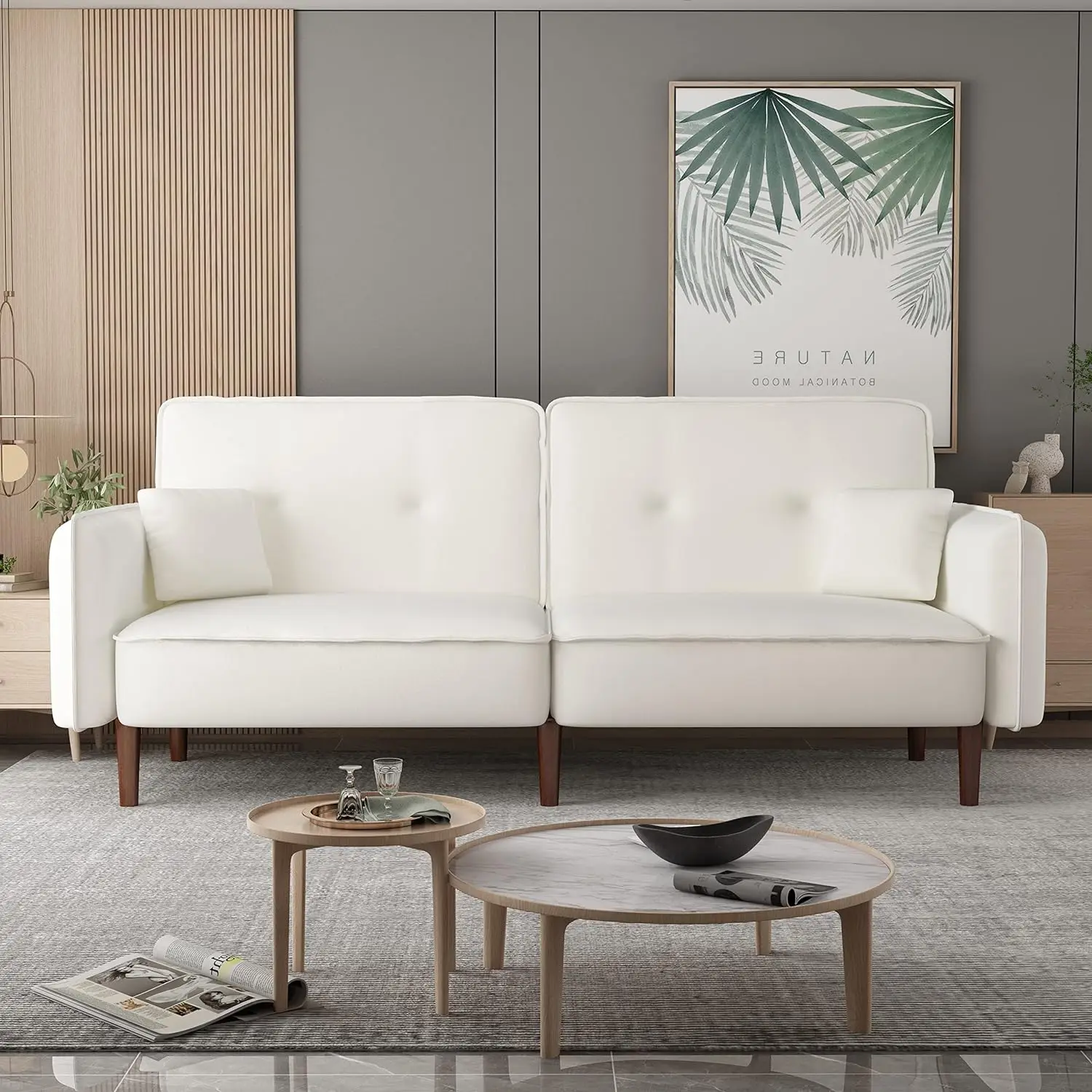 

Convertible Sleeper Sofa Couch Bed in Cotton Linen Fabric for Living Room Bedroom Dorm Apartment Studio, Wood Legs, White