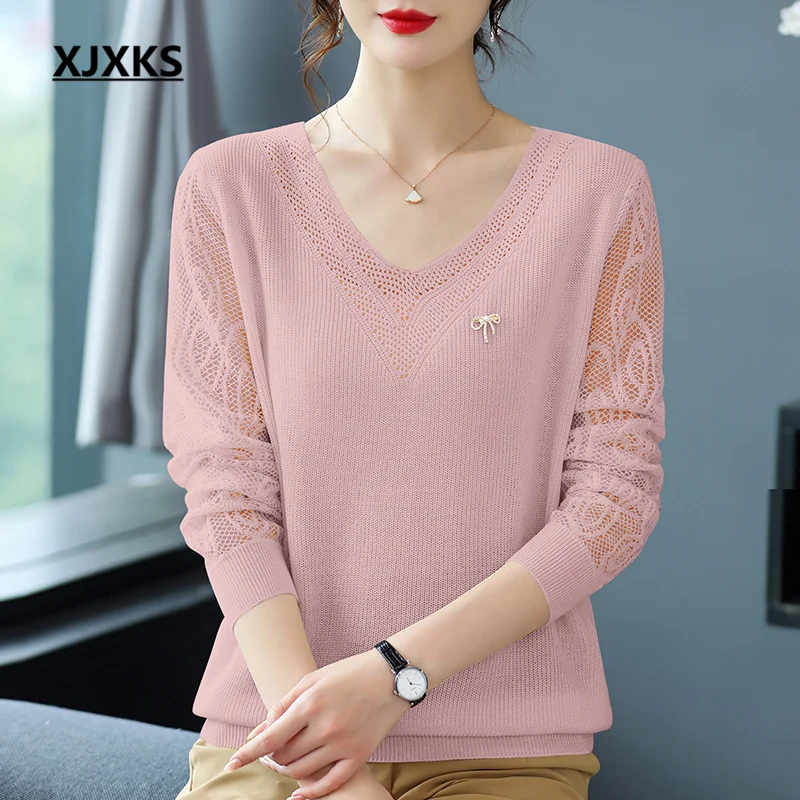 

XJXKS 2022 Spring And Autumn Latest Women's Hollow Sweater Fashion V-neck Knitted Pullover Loose Comfortable Long-sleeved Top