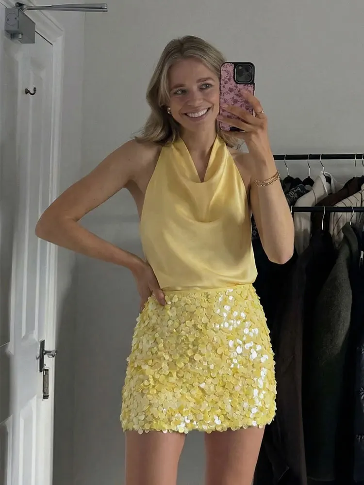 HH Women Elegant Fashion Sequin Skirt Sets Sexy Off-Shoulder Halter Tops High Waist Mini Skirts Lady Club Party Evening Outfits