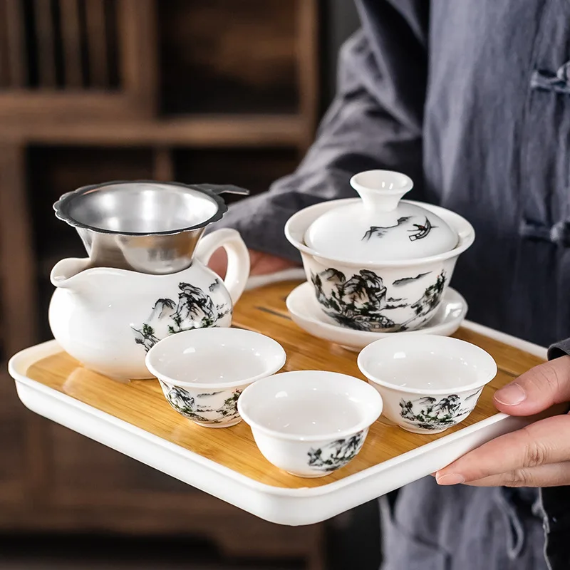 Household Kung Fu Tea Set 1 Cover Bowl 3 Cups with Dry Tray Tea Making and Reception Ceramic Cup Set