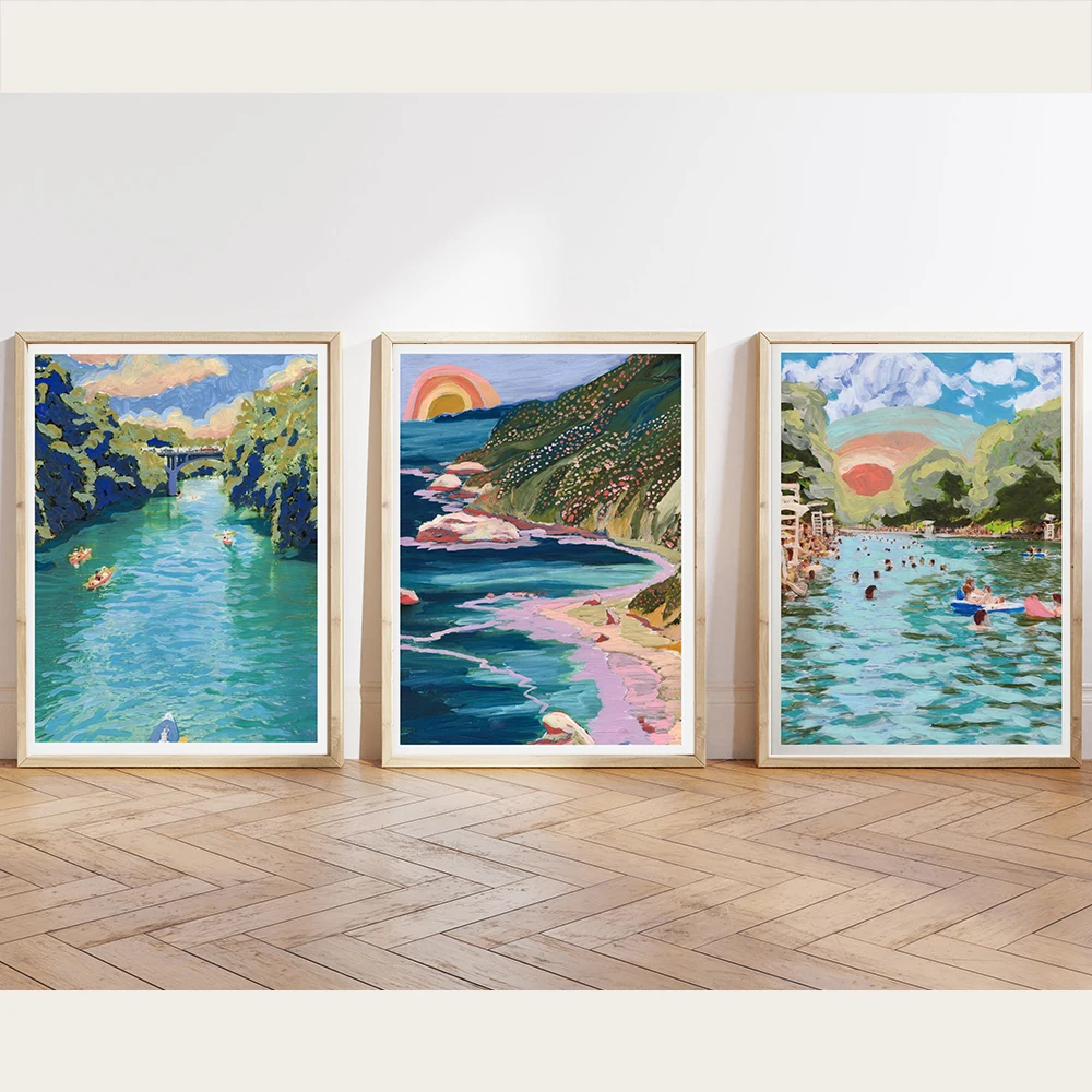 Big Sur California Travel Poster Beach Coastal Landscape Poppies Rainbow Prints Canvas Painting Wall Art Picture Room Decoration