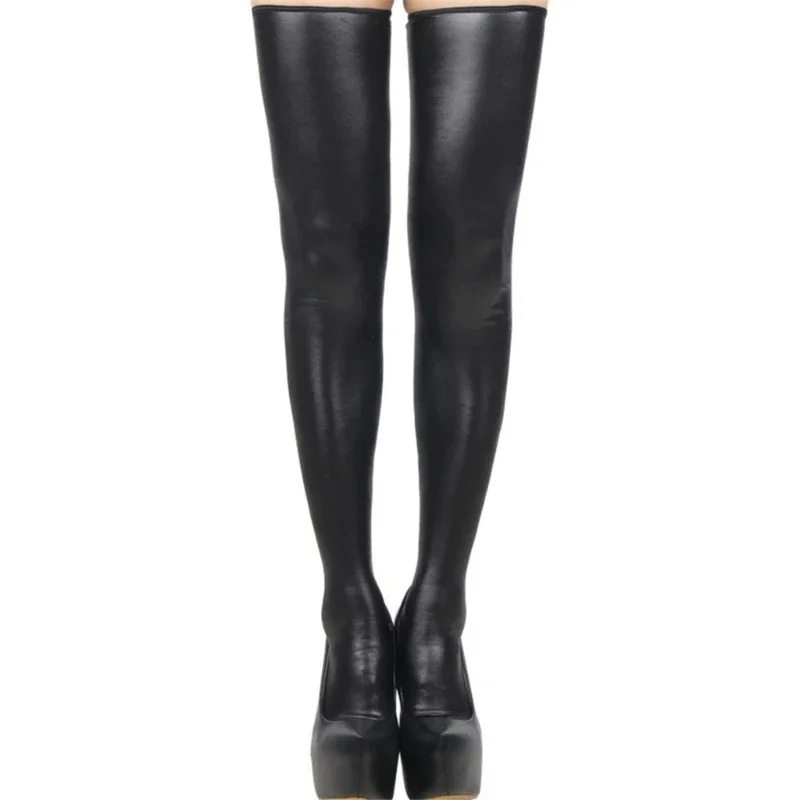

Women Sexy Faux Leather Thigh High Stockings Back Zipper Wet Look Party Club Dance Over Knee Long Socks Lingerie