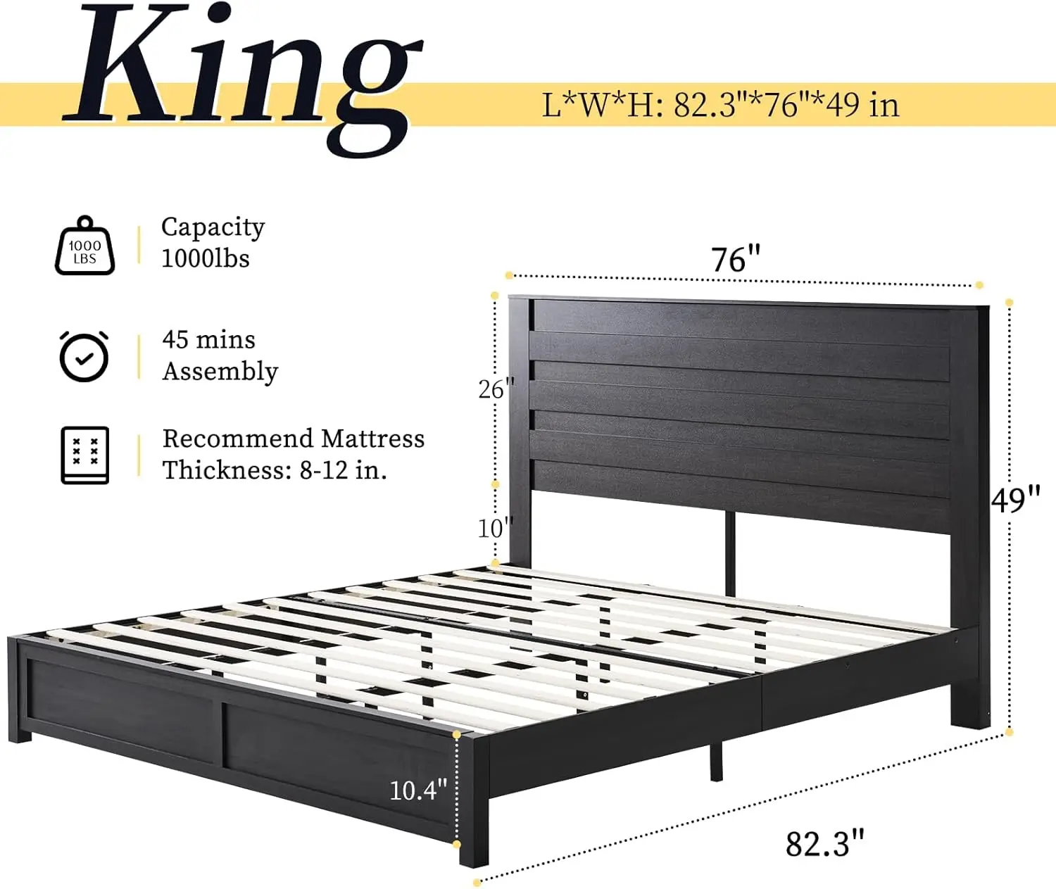 Farmhouse King Bed Frame with 49" Tall Headboard/Unique Wooden Platform Bed/Base with Noise-Free Hidden Metal Bed Frame/Black 2