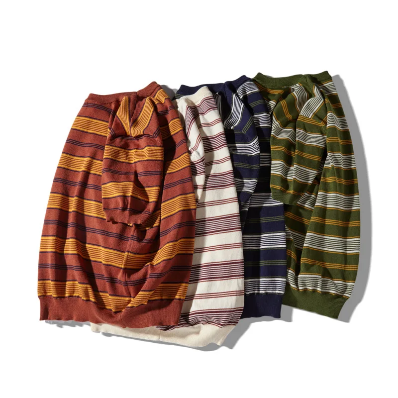 OKONKWO New Thick Heavy Knitted Stripe T-shirt with Round Neck and Inter Strip Knitted Tee Outdoor Travel Trekking Golf Clothes