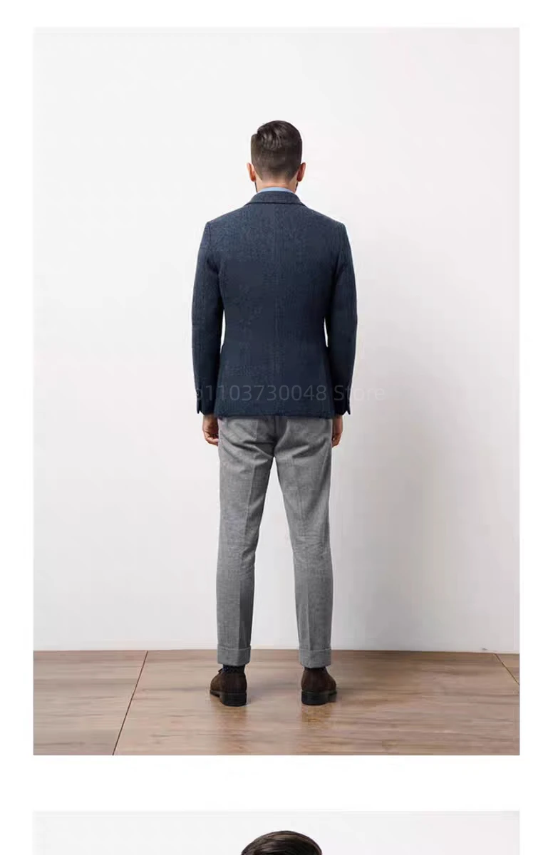 Men's Slim Fit Navy Blue Herringbone Tweed Wool Blazer Formal Notch Lapel Tuxedo Jacket 1-Piece Winter Coat for Wedding Business