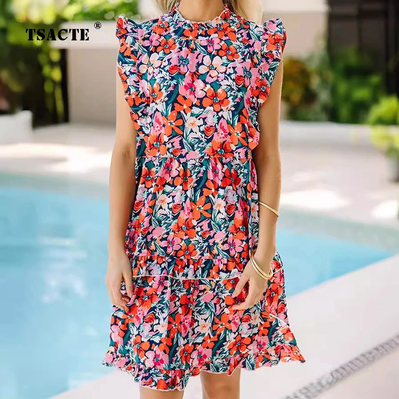 

Floral Print Women's Half High Neckline Sleeveless Dresses 2024 Summer New Ruffle Edge Sleeve Patchwork Loose Stacked Cake Skirt