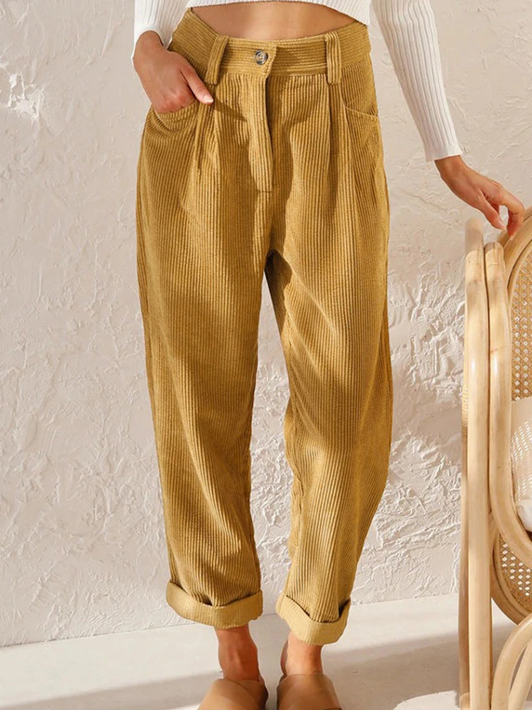 

2022 Autumn Winter New Women's High Waist Casual Pants Solid Color Corduroy Loose Straight Trousers Women Streetwear Pants