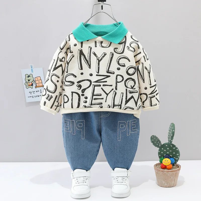 

2023 Korean Spring Autumn Children Boy 2PCS Clothing Set Printed Letter Sweatshirts Pullover Jeans Pants Suit Baby Boy Outfit