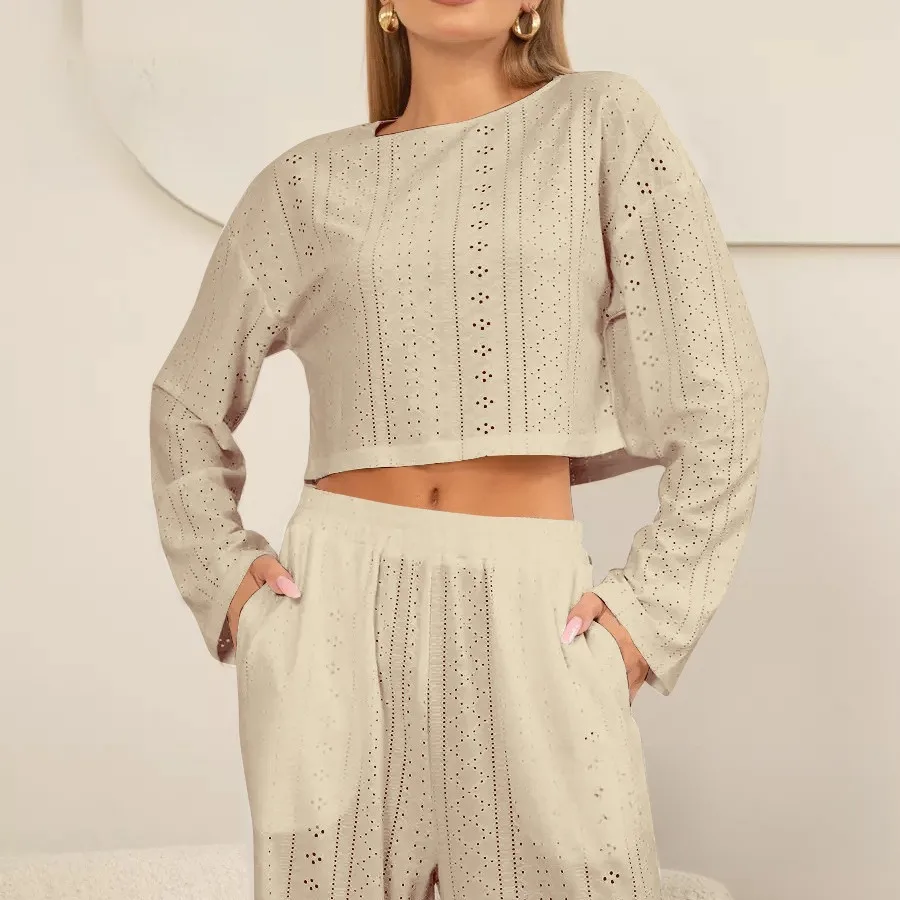 Autumn and Winter New European and American Women's Pajama Set Fashionable Simple Hollow Jacquard Long Sleeve Pants Home Clothes