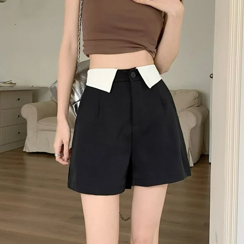 Flip Collar Design Feeling Suit Shorts for Women's Summer 2023 New High Waisted Slimming Versatile Wide Leg Casual Pants