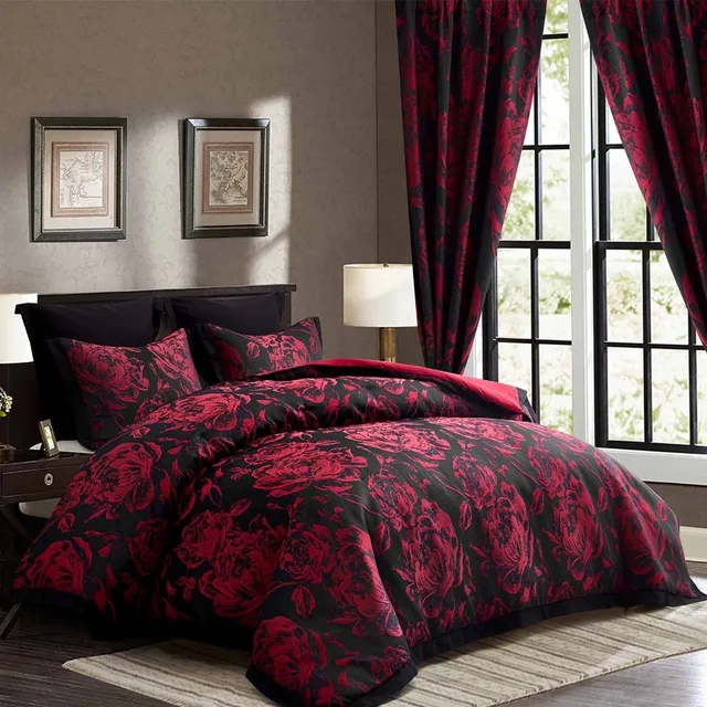 7-Piece Queen Comforter Set with Matching Curtains - Burgundy Flower Patchwork Bed in a Bag Bedding Set