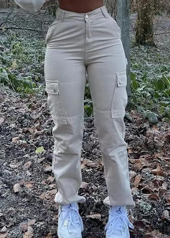 Женские длинные брюки с карманами, модные однотонные брюки-карго с высокой талией, подчеркивающие индивидуальность, 2024