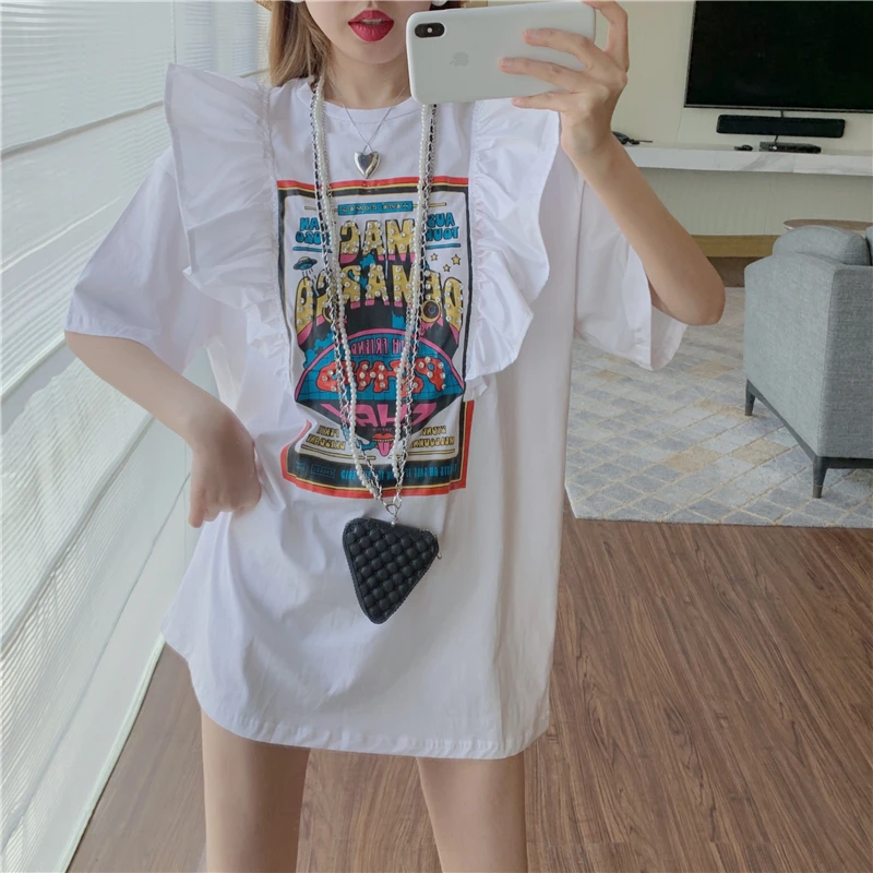 

Футболка женская хлопковая в стиле Харадзюку, милая Свободная рубашка в стиле Харадзюку, с разрезами и оборками, с винтажным принтом букв, размеры до 4XL