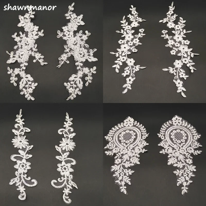 Embroidered Flower Lace Applique for DIY Sewing, Wedding Dress, Shoes Veil, 11 Styles Available, Off White, 4Pcs = 2Pairs