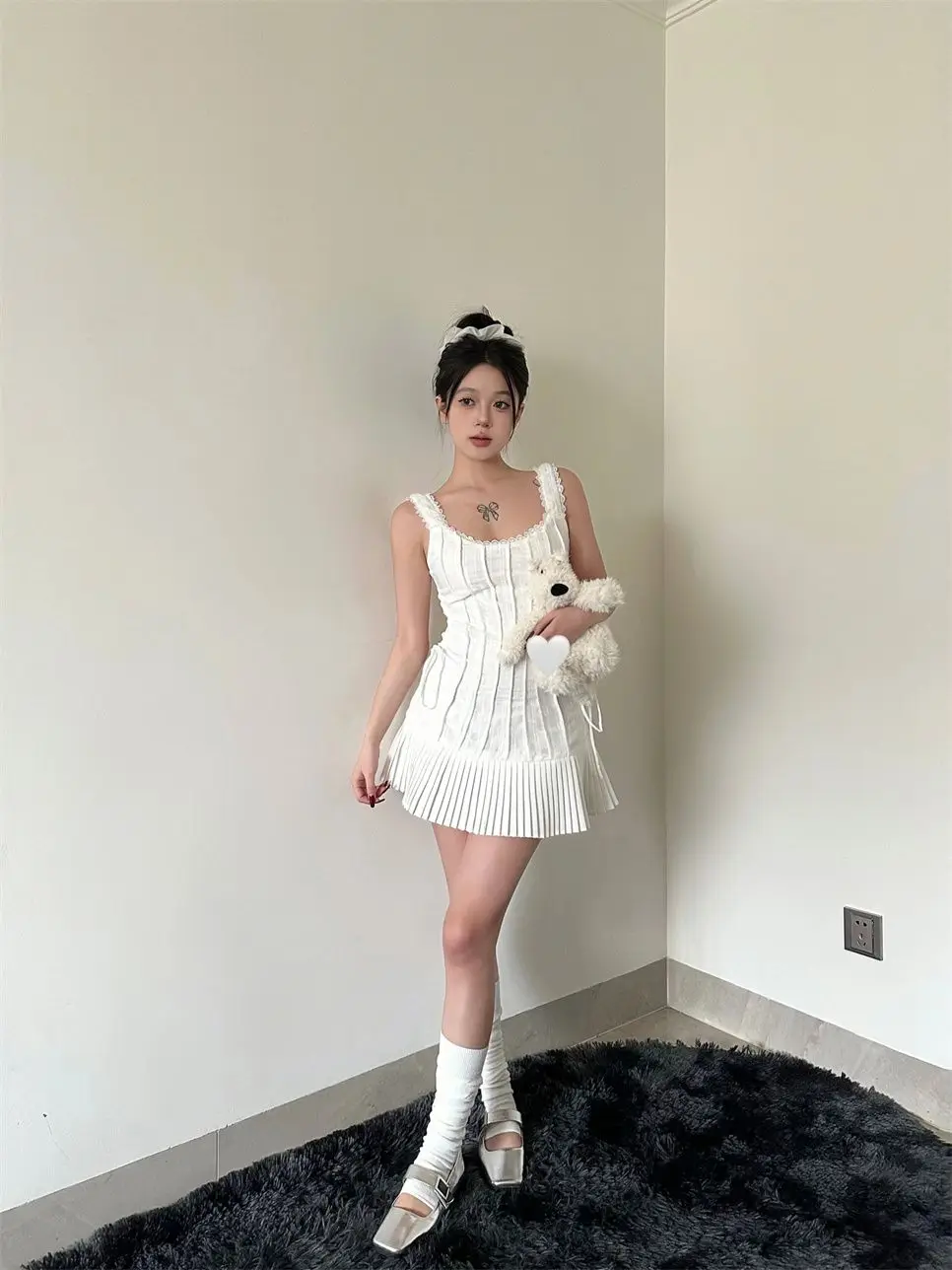 Elegant Pleated Short Dresses for Women Summer New Sleeveless Square Collar White Dress Korean Fashion Y2K One Piece Vestido
