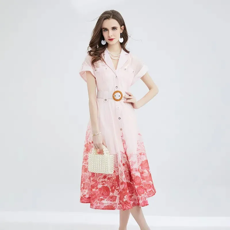 

2024 Summer New European-style Suit Collar Short Sleeve Single-breasted Printed Long Dress Elegant Socialite Dress