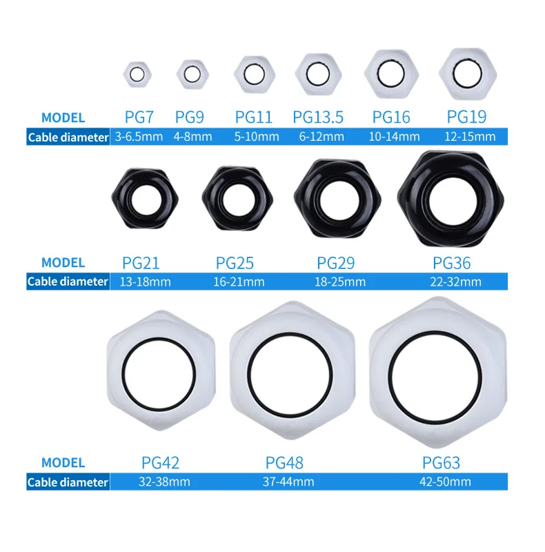 1Pc Cable Gland Nylon Waterproof Connector PG21 For 13-18 29/36 PG42 PG63 Entry Fixed Wire IP68 Plastic White Black Large Size
