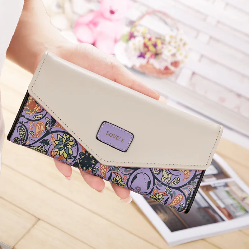 Women PU Leather Wallet Portable Practical Waterproof Floral Print Button Closure Handbag Card Holder Purses Storage Bags