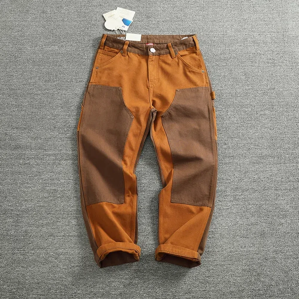 Men Autumn Winter Heavy Vintage Overalls Bead Canvas Grain Color Patchwork Logging Motorcycle Casual Pants
